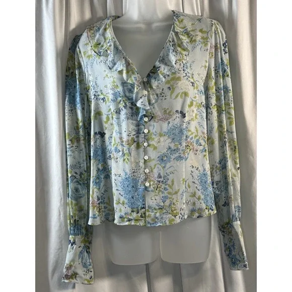 I.E.‎ Blue Green Floral Silk Ruffle V-Neck Button Down Top 10 Cottagecore 79-42 - Picture 11 of 14